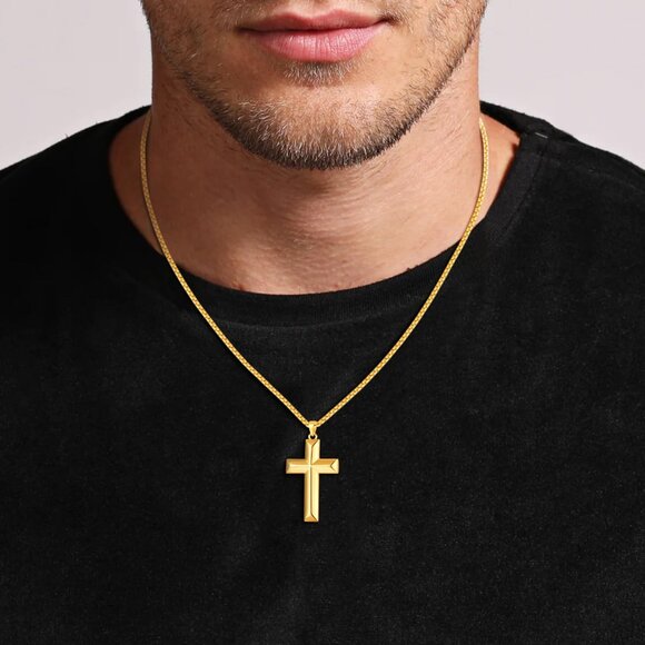 Men's 14K Gold Cross Classic Religious Necklace with Chain - Picture 2 of 7